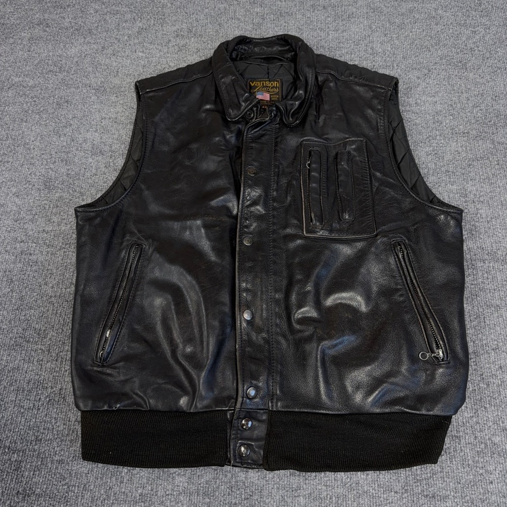 Vintage Vanson Leather Vest Men 42 Black Full Zip Snap USA B9 Stearman Bomber